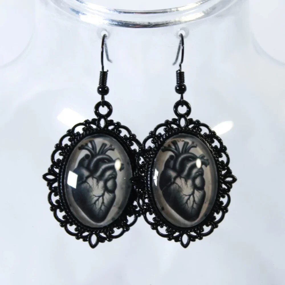 Gothic “Heart of the Hollow” Anatomical Heart Black Metal Cameo Earrings